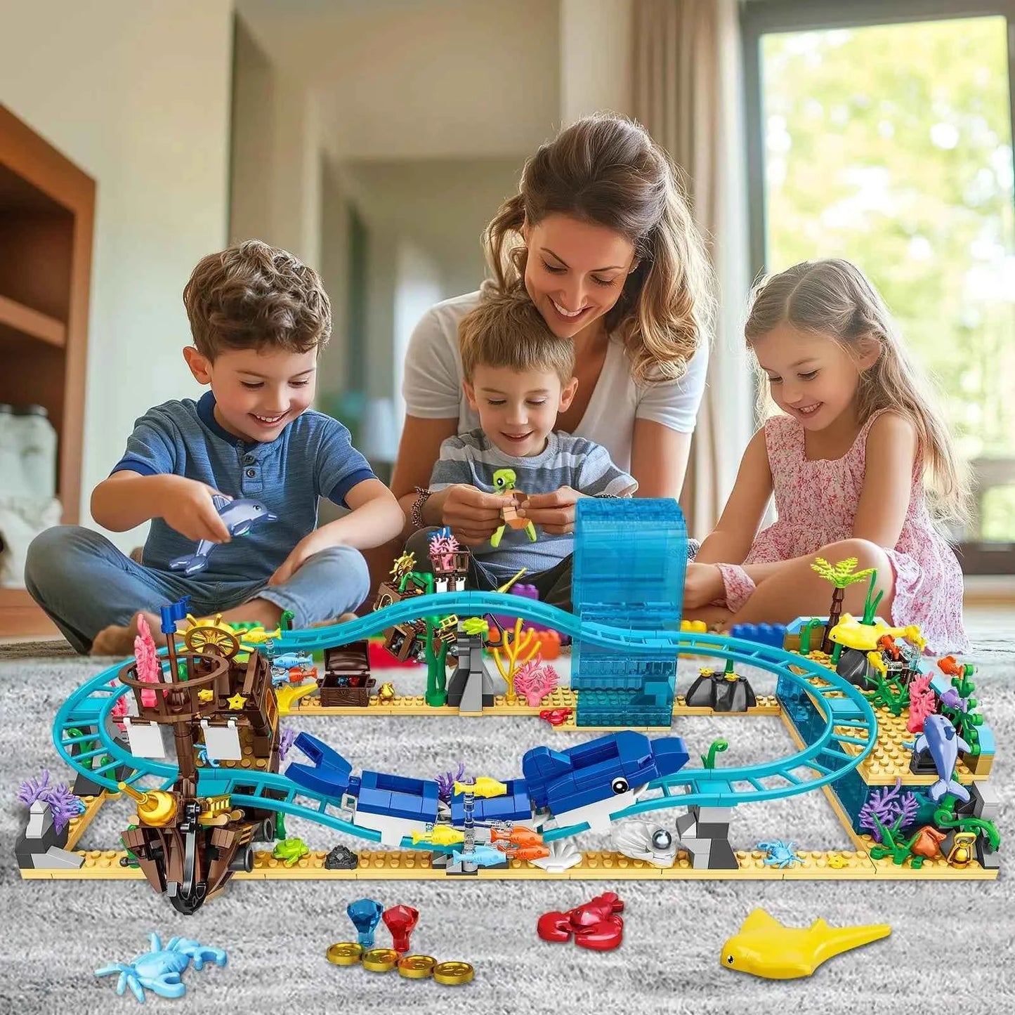 Ocean Roller Coaster Aquarium Building Set – Pirate Ship & Dolphin Track (675PCS)