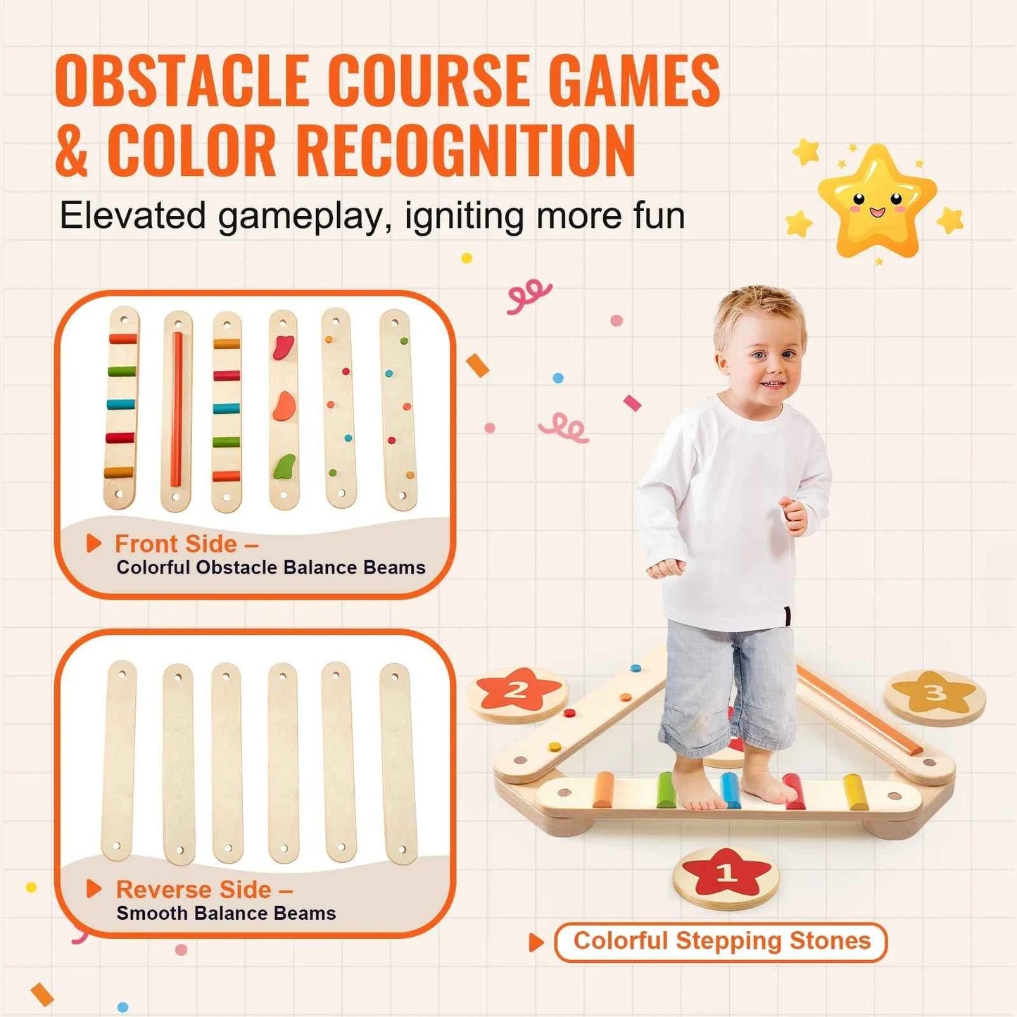 Montessori Balance Beam Set 6 PCS – Wooden Indoor/Outdoor Play Kit for Ages 2–6