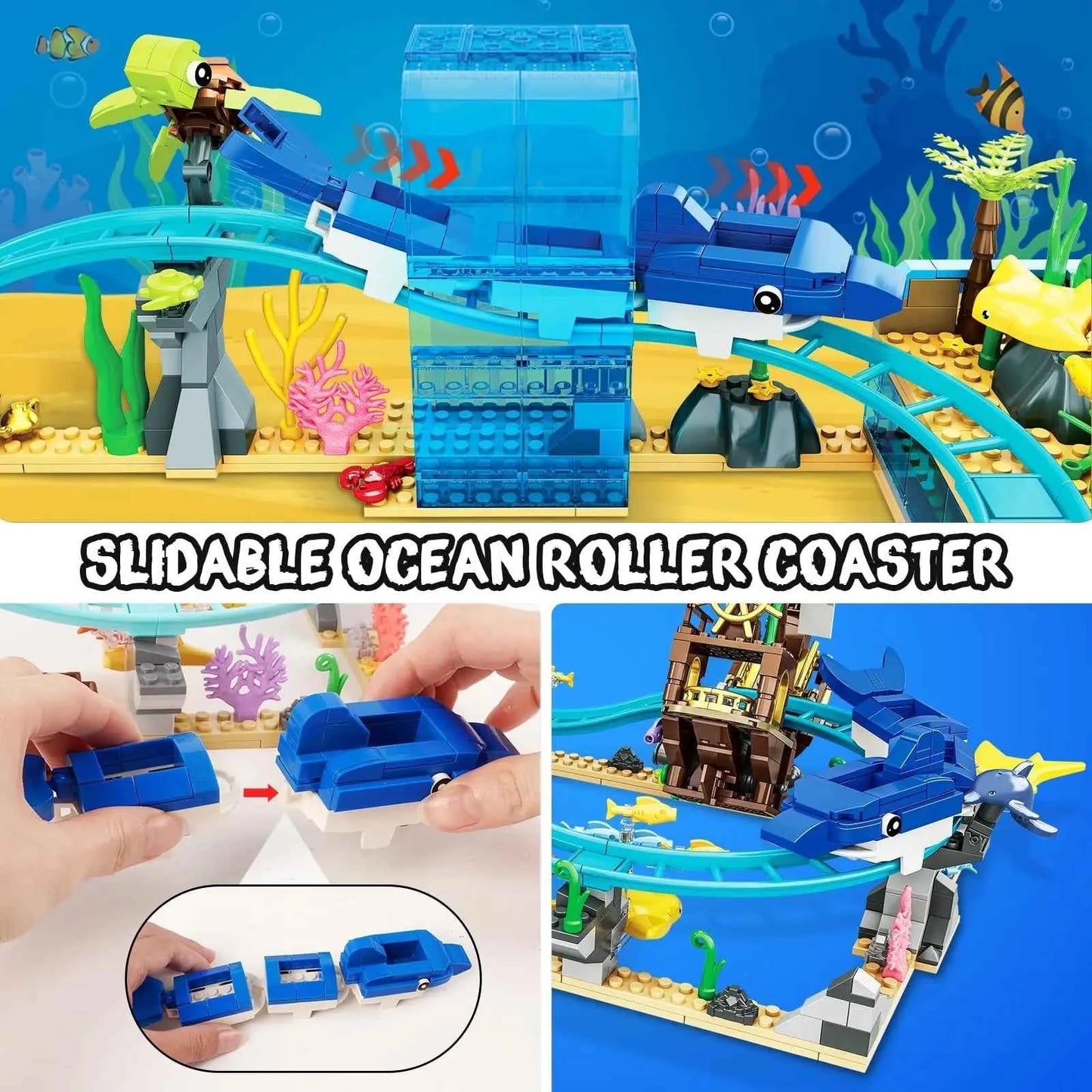 Ocean Roller Coaster Aquarium Building Set – Pirate Ship & Dolphin Track (675PCS)