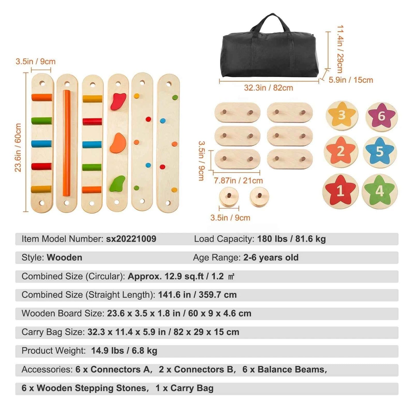 Montessori Balance Beam Set 6 PCS – Wooden Indoor/Outdoor Play Kit for Ages 2–6