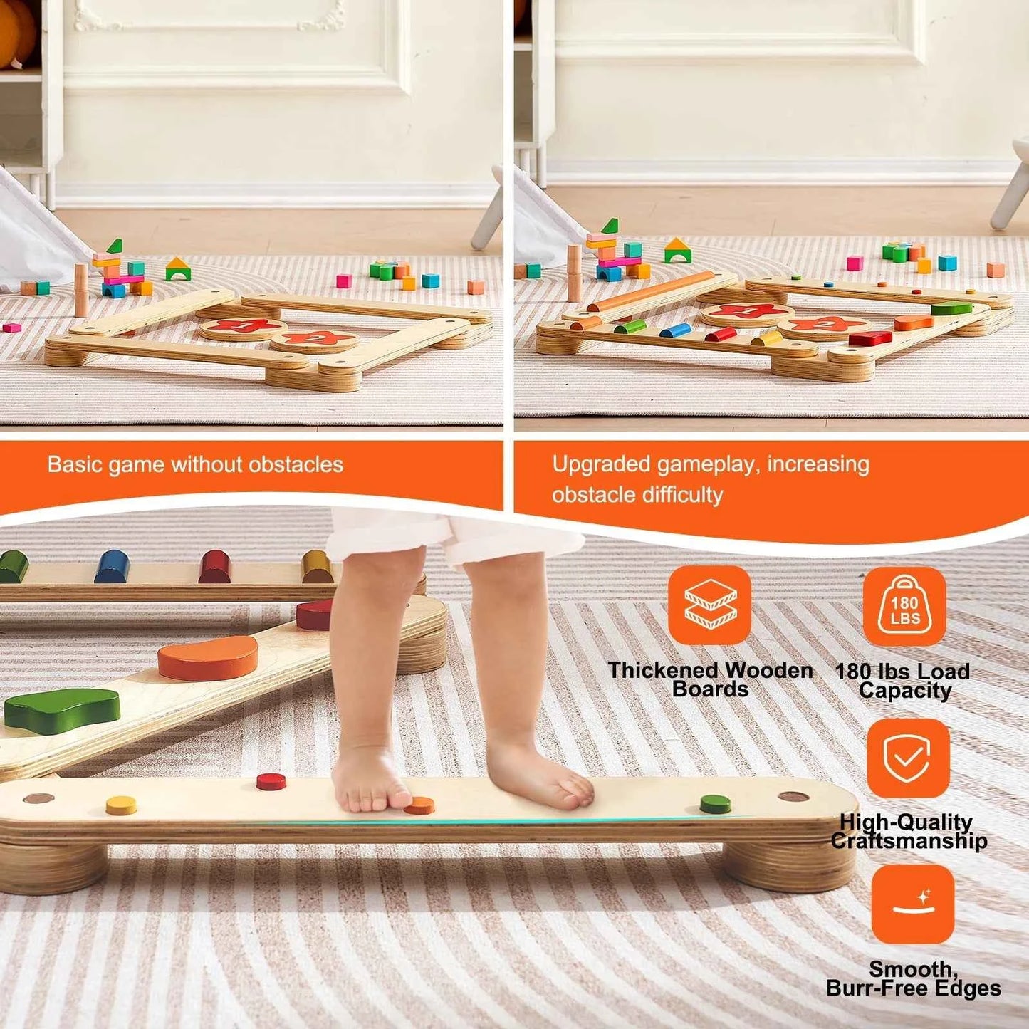 Montessori Balance Beam Set 6 PCS – Wooden Indoor/Outdoor Play Kit for Ages 2–6