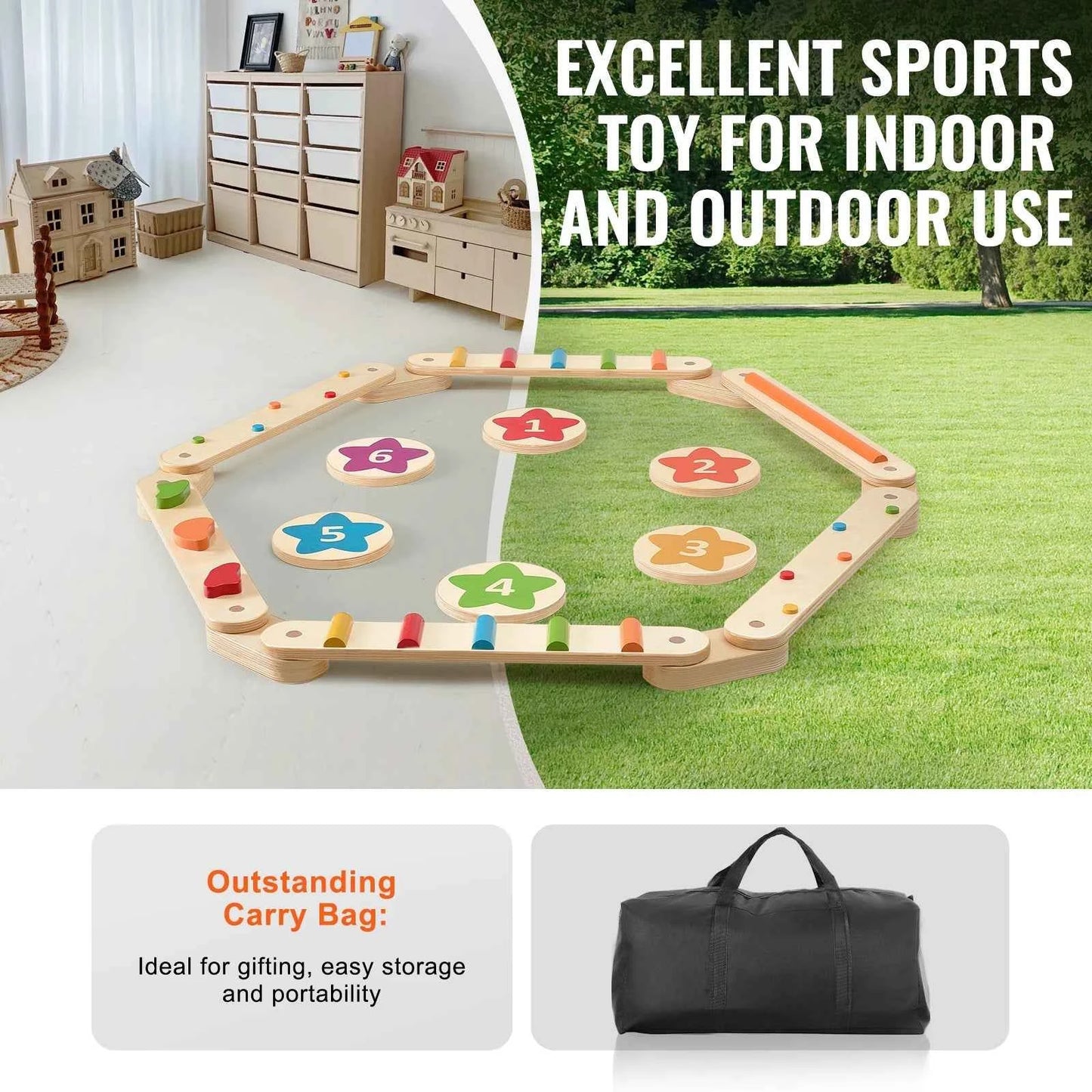 Montessori Balance Beam Set 6 PCS – Wooden Indoor/Outdoor Play Kit for Ages 2–6