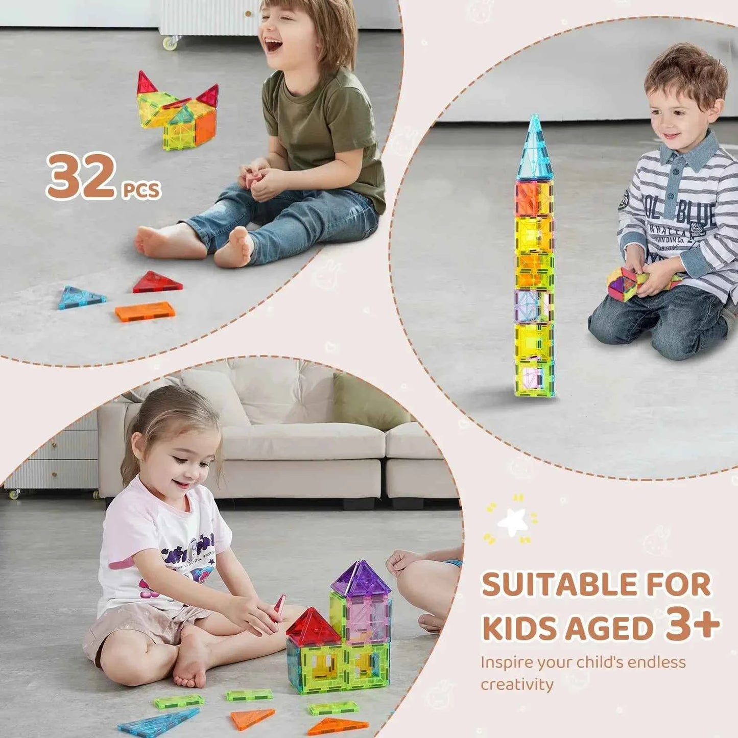 Magnetic Tiles 32PCS Montessori STEM Building Blocks for Toddlers & Kids