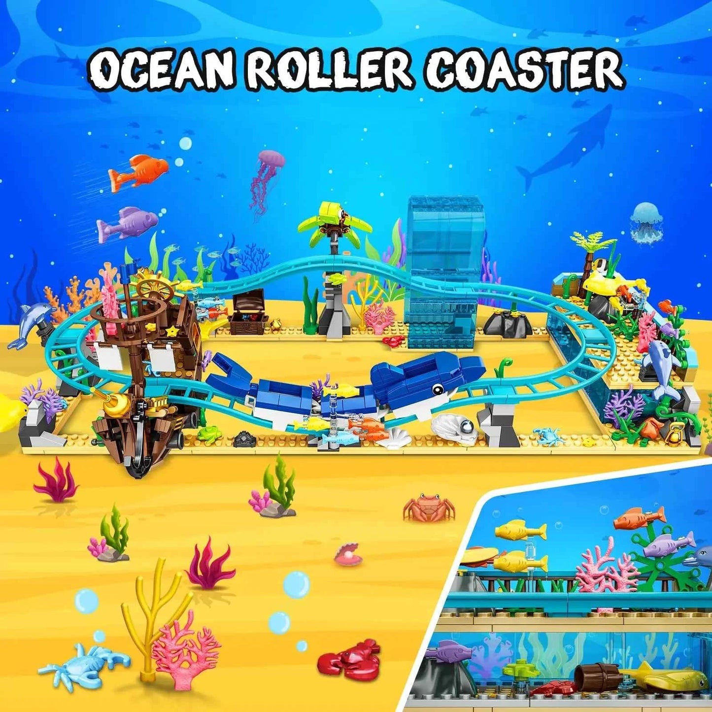 Ocean Roller Coaster Aquarium Building Set – Pirate Ship & Dolphin Track (675PCS)