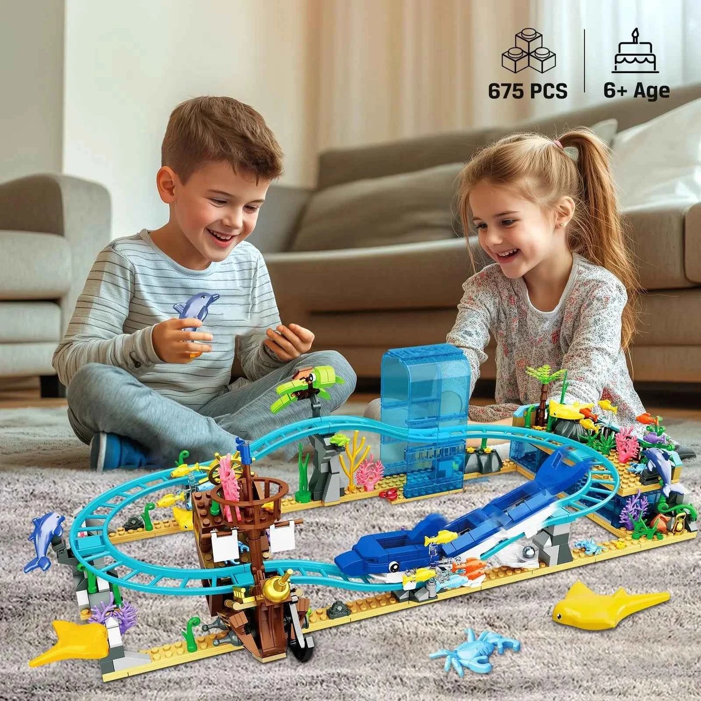 Ocean Roller Coaster Aquarium Building Set – Pirate Ship & Dolphin Track (675PCS)