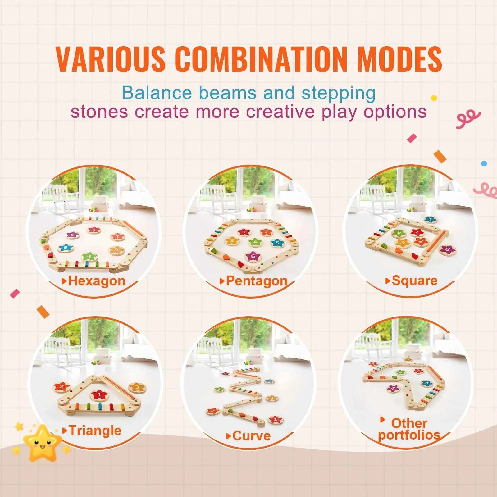 Montessori Balance Beam Set 6 PCS – Wooden Indoor/Outdoor Play Kit for Ages 2–6