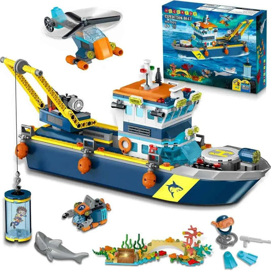 Arctic Explorer Ship Building Set – LED Ocean Mission Kit (With Helicopter, Sub & Shark)