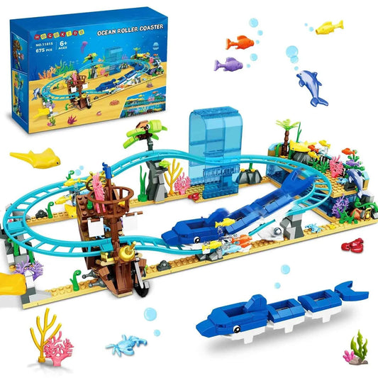 Ocean Roller Coaster Aquarium Building Set – Pirate Ship & Dolphin Track (675PCS)